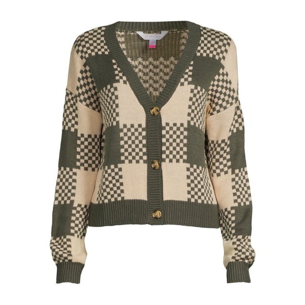 No Boundaries V-Neck Checkered Cardigan Size XL(15-17)‎ Juniors Rib Trim Preppy
